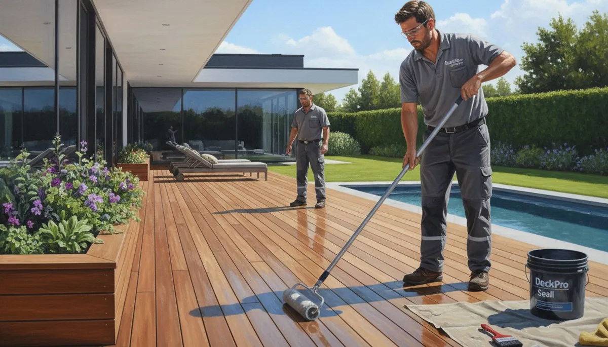 San Antonio painter sealing a wooden deck to protect against sun, humidity, and storms